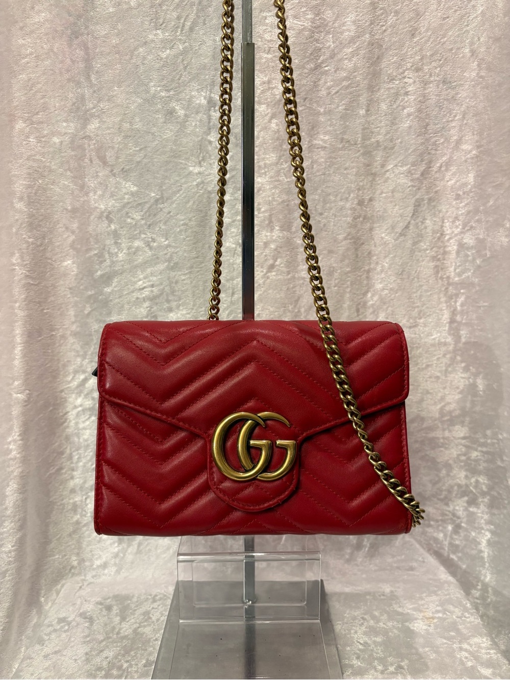 Gucci GG Marmont Chevron Quilted Wallet on a Chain (WOC) Bag Red COA